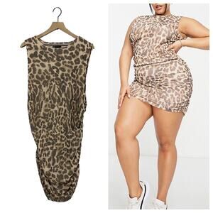 ASOS Design Curve Sleeveless Ruched Mesh Mini Dress - Leopard Print-multi -US 16